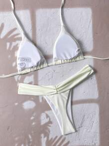 Swim Basics Bộ bikini màu trắng xếp nếp trơn dành cho nữ đi biển cho kỳ nghỉ hè trên bãi biển - Màu be - Xem 2