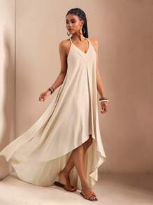 Slaydiva 2025 Summer New Arrival Music Festival, Easter, Western, Nomadic, St. Patrick's Day, Birthday Party, Graduation, Student, Casual, All-Match Matching, Leisure, Vacation, Cruise Travel, Beach, Sunbathing, Viral Asymmetrical Hem, Back Tie, V-Neck, Flared A-Line, Apricot Color Women Dress