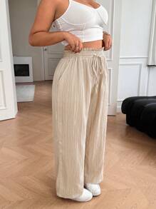 Solflare Plus Size Apricot Drawstring Waist Loose Straight Leg Casual Pants - Apricot - View 5