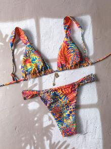 Swim Vcay Set di bikini da donna con stampa casuale, decorazioni in metallo, spalline sottili sexy, per l'estate