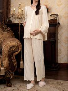 Moonlight&Mama Contrast Floral Trim V-Neck Top & Pants Maternity Pajama Set, Fall Winter Clothes - Apricot - View 6