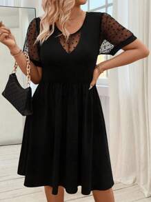 SHEIN Clasi Plus Size Women Heart Mesh Puff Sleeve Patchwork Mini Dress - Black - View 4