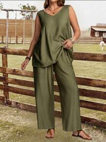 EMERY ROSE Plus Size V-Neck TButtons At Back Ank Top And Pockets Pants Casual Solid Color Vacation 2pcs Set ,Summer Clothes,Vacation Outfits Woman / Vacation,Boho Women Clothing - Army Green - View 4