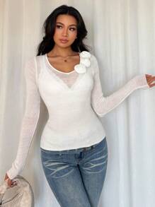 Elenzga كنزة صوفية نسائية مصممة بزهرة الورد ذات تصميم مناسب وملائم للجسم، بتريكو، بلوزة شتوية - أبيض - مشاهدة 5