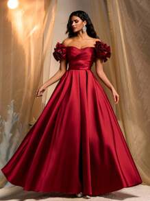 Glamrae Elegante vestido de gala de color vino tinto con mangas con volantes y escote fuera de los hombros realzado con lentejuelas, silueta de línea A con bajo de cola de pez, espalda descubierta y cierre ajustable, vestido formal perfecto para fiestas, bodas y eventos de noche - Burdeos - Ver 1