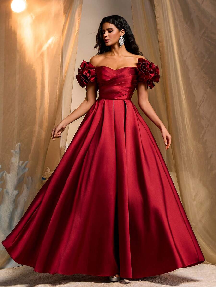 Glamrae Elegante vestido de gala de color vino tinto con mangas con volantes y escote fuera de los hombros realzado con lentejuelas, silueta de línea A con bajo de cola de pez, espalda descubierta y cierre ajustable, vestido formal perfecto para fiestas, bodas y eventos de noche - Burdeos - Ver 1