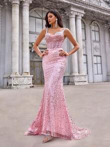 Aureia 优雅奢华的弹力亮片褶饰美人鱼裙，适合婚礼、派对、度假、舞会、正式活动、派对礼服、婚礼宾客礼服、晚礼服、长袍