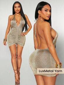 Radiana 性感细肩带露背迷你连衣裙，休闲时尚，适合日常穿着 - 金色 - 查看 1