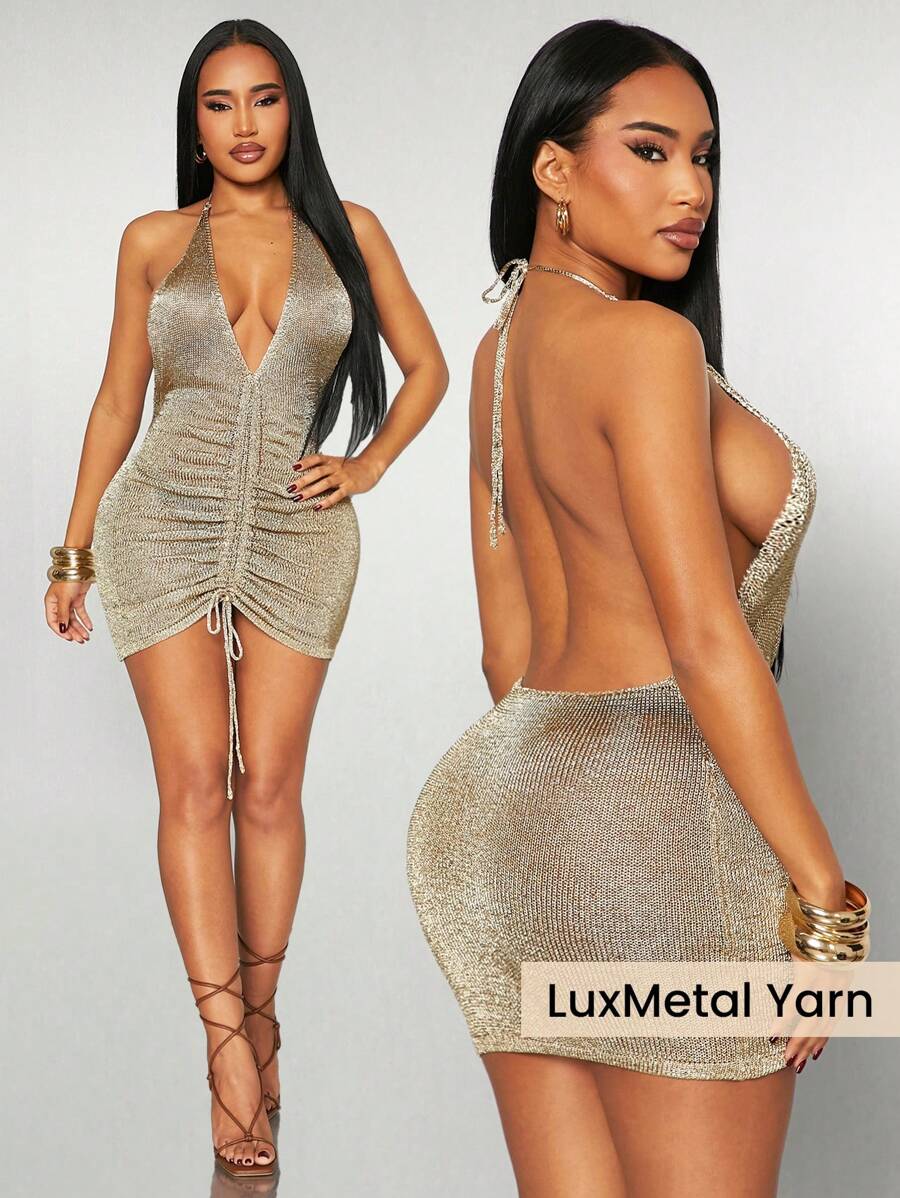 Radiana 性感细肩带露背迷你连衣裙，休闲时尚，适合日常穿着 - 金色 - 查看 1