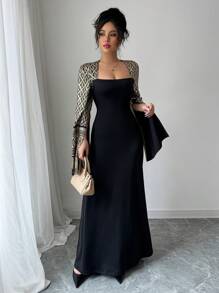 Chiquease Women Elegant Gold Foil Contrast Color A-Line Dress Fall Cloth For Women - Black - View 4