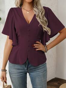 SHEIN Clasi Camisa elegante de mujer con cuello en V, decoración de botones, volantes fruncidos, mangas campana y cintura ceñida con línea A, para uso laboral, casual y de vacaciones, primavera/verano - Rojo violeta - Ver 4