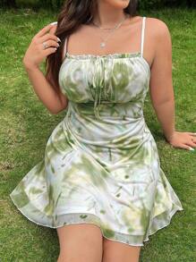 Solflare 大码女式无袖夏季彩色花卉印花网眼连衣裙，配有褶皱胸部和蝴蝶结装饰 - 軍綠色 - 查看 3