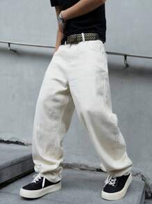 Manfinity Hypemode Loose Fit Men's Contrast Stitching Slanted Pocket Denim Jeans