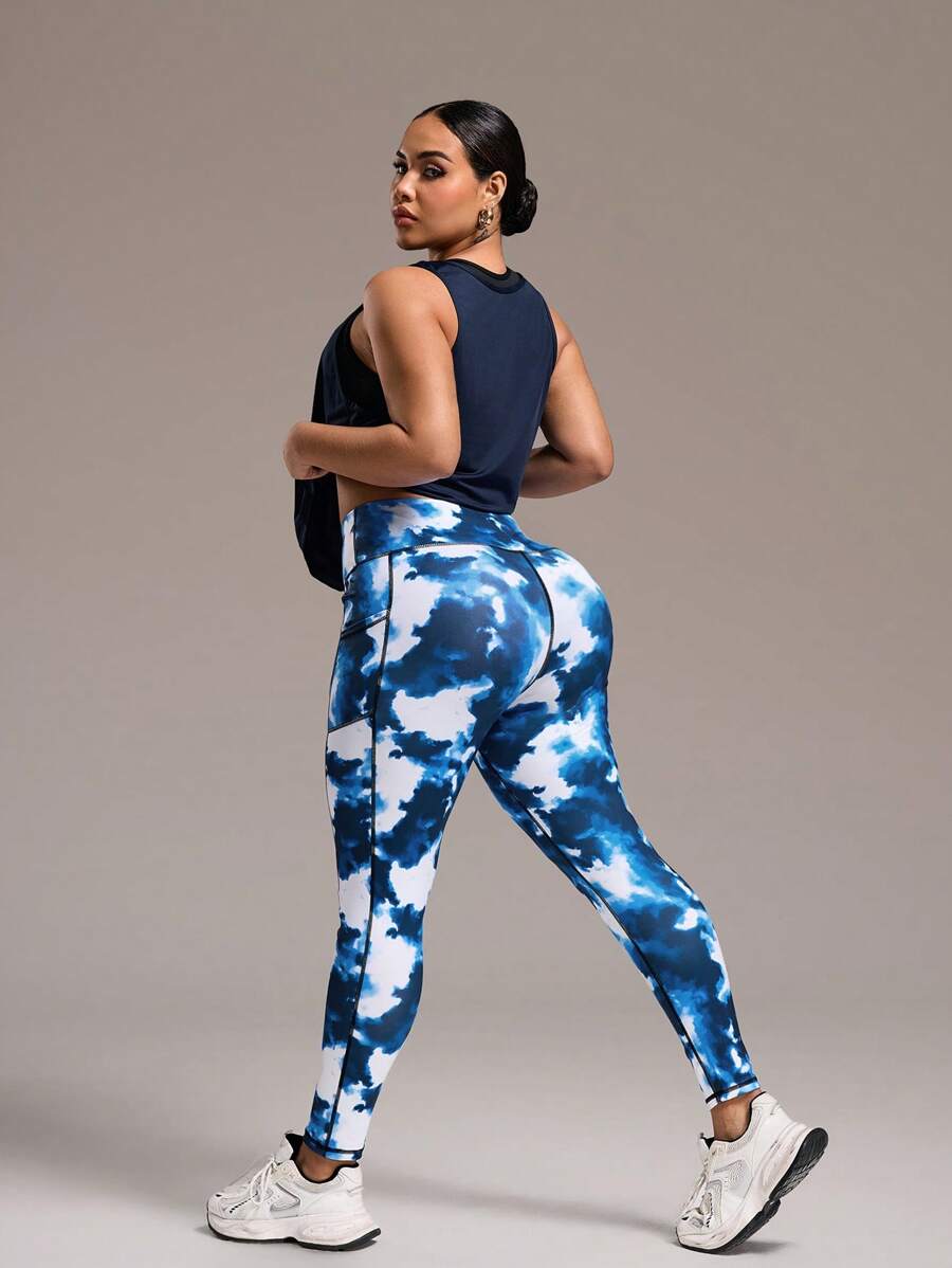 Easithlete Plus Size Solid Color Tank Top & Tie-Dye Print Leggings 2 Pieces Sports Set Workout Women Sets - Navy Blue - View 1