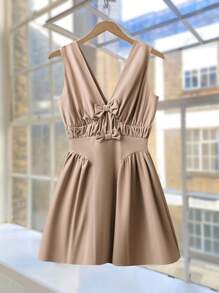 Chiquease Women's Casual Vacation Deep V-Neck Bow Decor Ruched A-Line Short Dress