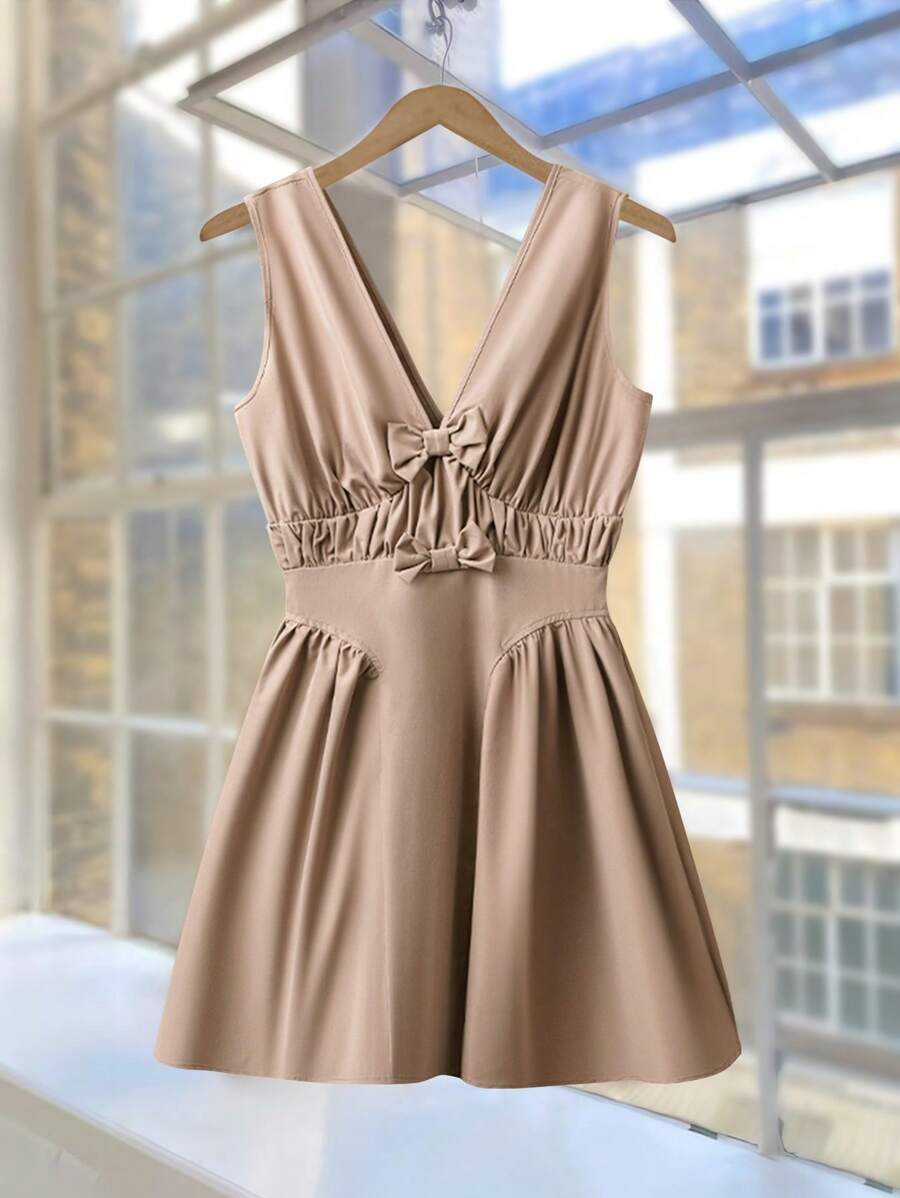 Chiquease Women's Casual Vacation Deep V-Neck Bow Decor Ruched A-Line Short Dress