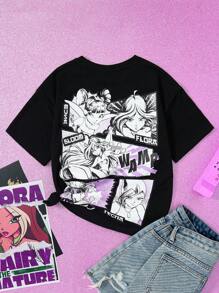 The Winx X SHEIN Tween Girl Figure Graphic Round Neck Short Sleeve T-Shirt, Summer