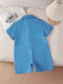 SHEIN 1pc Young Boy Casual Stylish Denim Effect Overall With Short Sleeve Collared Button-Front Shirt, Fashionable & Versatile Summer Outfit - Blue - View 2