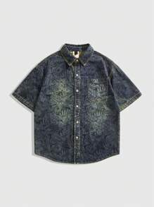 ROMWE MEN Áo sơ mi denim nam tay ngắn cài một hàng khuy, in họa tiết cây nhiệt đới - Đồng - Xem 1
