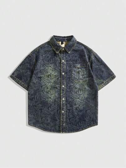 ROMWE MEN Áo sơ mi denim nam tay ngắn cài một hàng khuy, in họa tiết cây nhiệt đới