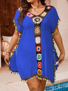 SHEIN Swim Curve Vestido tipo kaftan de gasa con parches florales, recortes y volantes en el bajo para mujer de talla grande