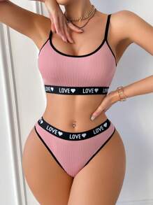 Women Letter Intarsia Contrasting Trim Lingerie Set - Dusty Pink - View 3