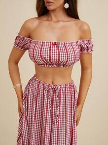 L'Amorae Áo thun hở vai tay ngắn màu đỏ gingham ngắn gợi cảm giản dị dành cho nữ, mặc hàng ngày - Đỏ - Xem 3