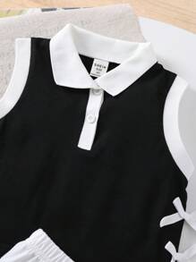 2pcs Young Girl Set - Contrast Color Patchwork Bow Decor Vest And Pleated Mini Skirt - Black and White - View 4