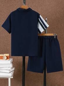 SHEIN Set de 2 piezas de camisa de manga corta con cuello a rayas y pantalones cortos casuales para niños adolescentes, ropa de verano para uso deportivo y de fiesta