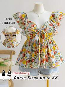 SHEIN CURVE+ 大码女式节日彩色印花面料蝙蝠袖蝴蝶结前 A 字衬衫，休闲浪漫夏日度假衬衫