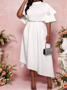 SHEIN Lady 大码女式优雅荷叶边不对称下摆连衣裙，夏季 - 白色 - 查看 2