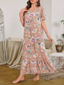SHEIN Ruffled Hem Floral Print Long Nightgown - Multicolor - View 5