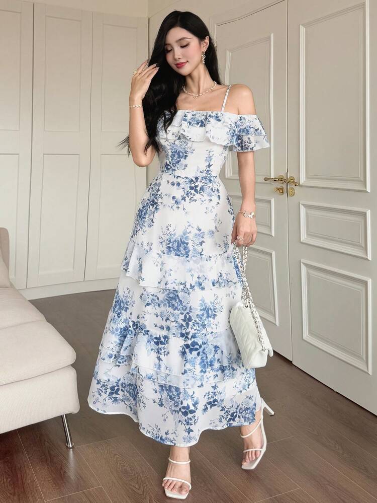 Women's Elegant Floral Print Ruffle Ruffle Hem Dress Sundress,Back To School Clothes Vacation Outfits Women Easter Maxi Dress Boho