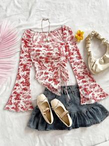 Soleia Áo cánh tay chuông in tranh sơn dầu cổ điển cho kỳ nghỉ của phụ nữ, viền áo không đối xứng, có dây rút cho mùa thu - Đỏ - Xem 11