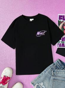 The Winx X SHEIN Tween Girl Figure Graphic Round Neck Short Sleeve T-Shirt, Summer