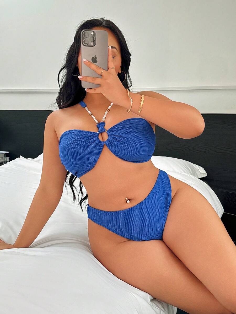 Swim SXY Plus Size Pearl Decor Sexy Bikini Set For Beach & Music Festival, Summer - Royal Blue - View 1