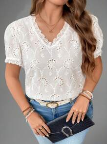 SHEIN LUNE 女士大码休闲纯色镂空刺绣泡泡袖衬衫夏季女装女士服装度假可爱夏季上衣夏季上衣