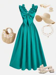 SHEIN Leap Crew Tween Girl Elegant Backless Bowknot Ruffle Collar Sleeveless Dress - Teal Blue - View 3