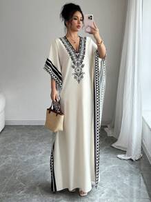 Rafferiza 女士优雅深 V 领印花落肩短袖宽松长裙