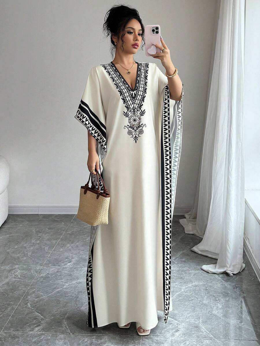 Rafferiza 女士优雅深 V 领印花落肩短袖宽松长裙