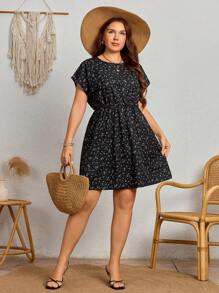 Plus Size Women's Summer New Black Ditsy Floral Casual Round Neck Cinched Waist Dress, Mommy And Me Matching Outfits (2 Pieces Sold Separately) - Multicolor - View 6