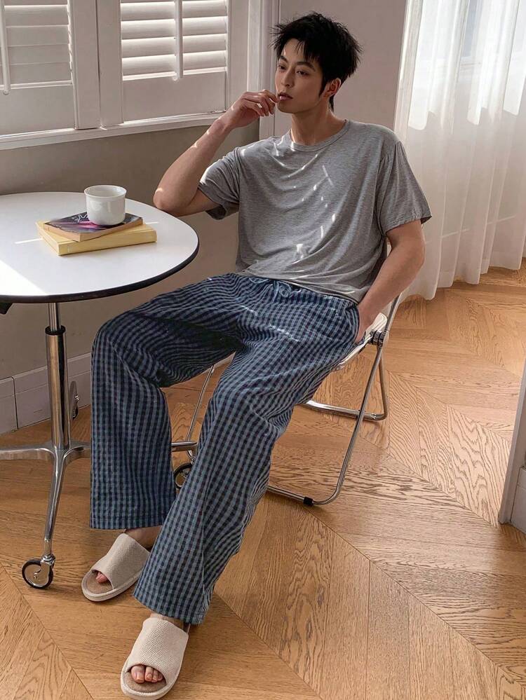 Men's Plaid Texture Spring Pants, Loungewear Bottom, For Fall Pajama, Winter