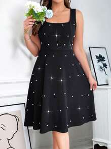 SHEIN Clasi Curvy Plus Size Women's Black Elegant Vintage Square Neck Casual Dress With Wide Straps And Imitation Pearl Decoration, Simple Style,Prom Dress,Wedding Guest Dress Women,Dresses For Women Elegant,Birthday Dresses For Women,Vacation Dress,Festival Outfits For Women,Modest Dresses For Women,Fairycore,Tea Party Dress,Summer Outfits For Women,Summer Dresses For Women,Vacation Outfits Woman,Vacation Outfits Women,Summer Clothes,Business Casual Woman,Going Out Outfits,Strapless Dress,Black Dresses For Women,Black Formal Dress Women - Black - View 1