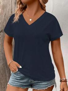 INAWLY 大码女式 V 领短袖拼布袖口休闲百搭 T 恤，春/夏