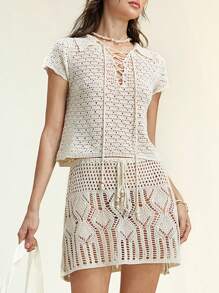 SHEIN Unity Set de 2 suéteres informales de mujer con decoración de perlas huecas y cordones