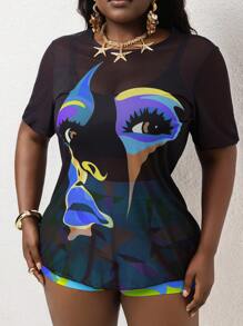 Slaydiva Plus Size Colorful Abstract Face Print Tankini Set For Summer Beach Vacation - Blue - View 4