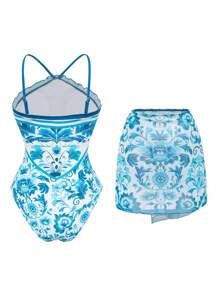 Swim Oasis 2 Pieces Swimwear Set - Women Printed Spaghetti Strap One-Piece Swimsuit & Tie Front Beach Skirt, Beach Resort Suit For Summer Beach Vacation