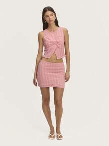 Nöista Conjunto de top y minifalda de color rosa pastel para el verano, con diseño de costura en el pecho y nudo frontal con pequeña abertura. Perfecto para el verano, eventos nupciales o de Pascua