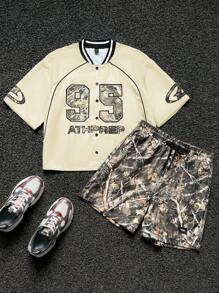 Manfinity RebelGame Men's Loose Fit Digital Print Short Sleeve Shirt Set - Beige - View 1