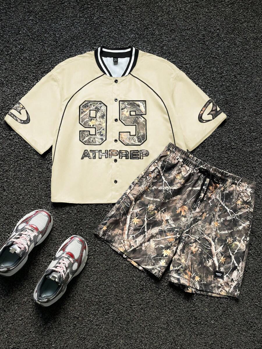 Manfinity RebelGame Men's Loose Fit Digital Print Short Sleeve Shirt Set - Beige - View 1